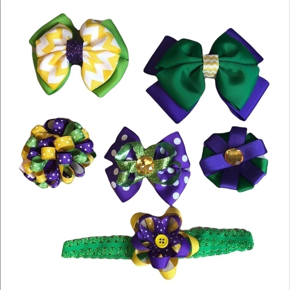 2/$15 Mardi Gras Hair Accessories Set Purple Green Gold Bows Clips Headband